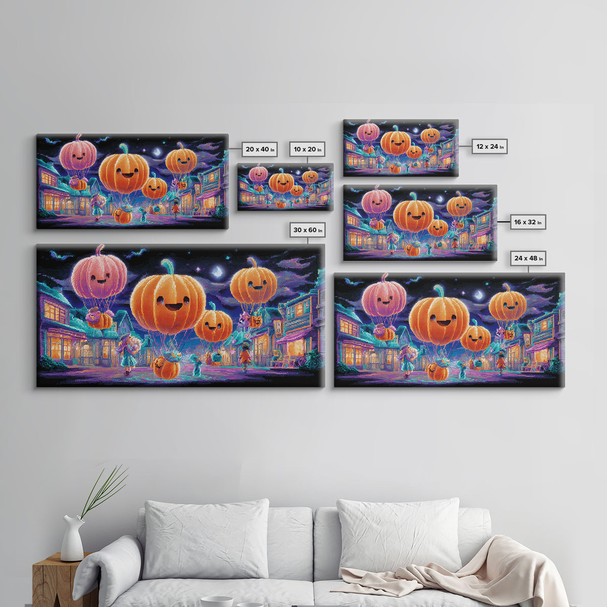 The Pumpkin Balloon Parade, 80s Halloween Wall Art, Wide Panoramic Art, Canvas Print, Retro Halloween Decor, Neon Wall Art