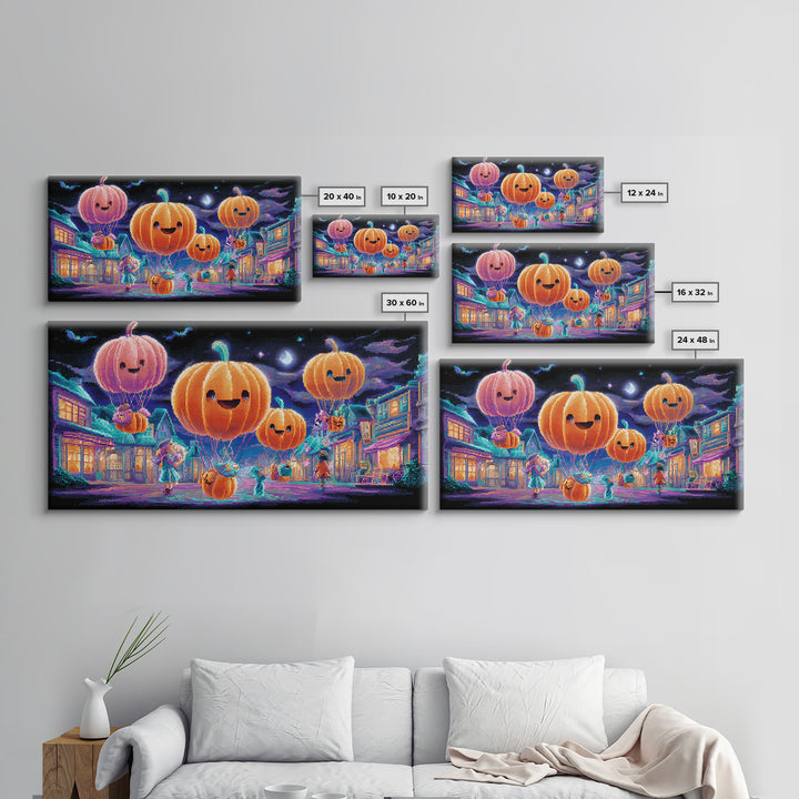 The Pumpkin Balloon Parade, 80s Halloween Wall Art, Wide Panoramic Art, Canvas Print, Retro Halloween Decor, Neon Wall Art