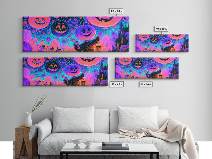 The Pumpkin Balloon Parade, Retro Neon Halloween Art, Extra Wide Wall Art, Framed Canvas Print, Retro Halloween Decor, Neon Wall Art