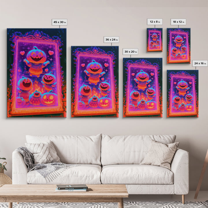 The Pumpkin Family Portrait, Synthwave Halloween Art, Vertical Wall Art, Framed Canvas Print, Retro Halloween Decor, Neon Wall Art