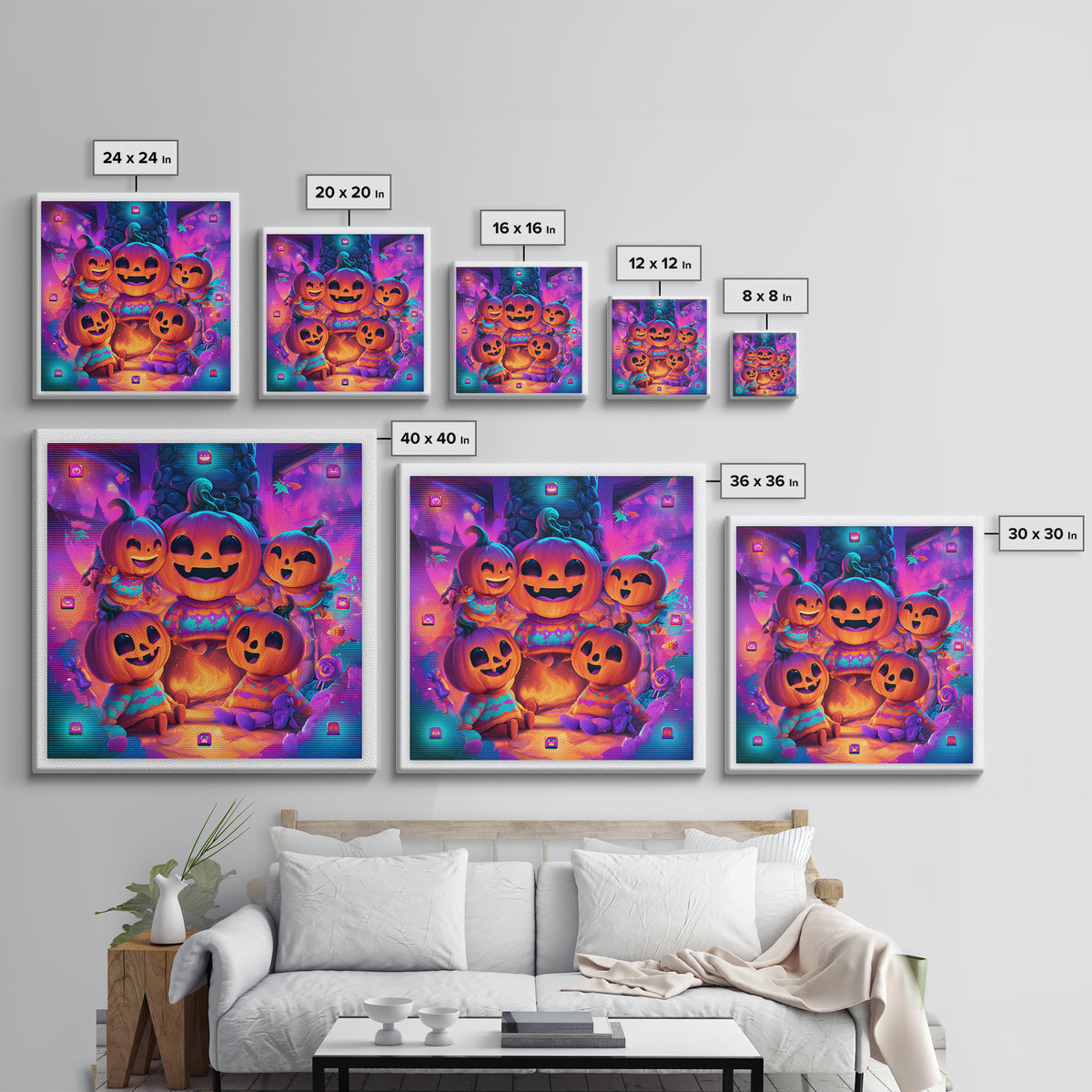 The Pumpkin Family Portrait, 80s Halloween Wall Art, Square Wall Art, Framed Canvas Print, Retro Halloween Decor, Neon Wall Art