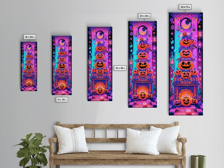 The Pumpkin Family Portrait, Retro Neon Halloween Art, Tall Narrow Wall Art, Canvas Print, Retro Halloween Decor, Neon Wall Art