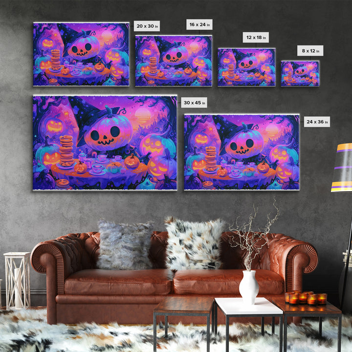 The Pumpkin Tea Party, Retro Neon Halloween Art, Landscape Wall Art, Framed Canvas Print, Retro Halloween Decor, Neon Wall Art