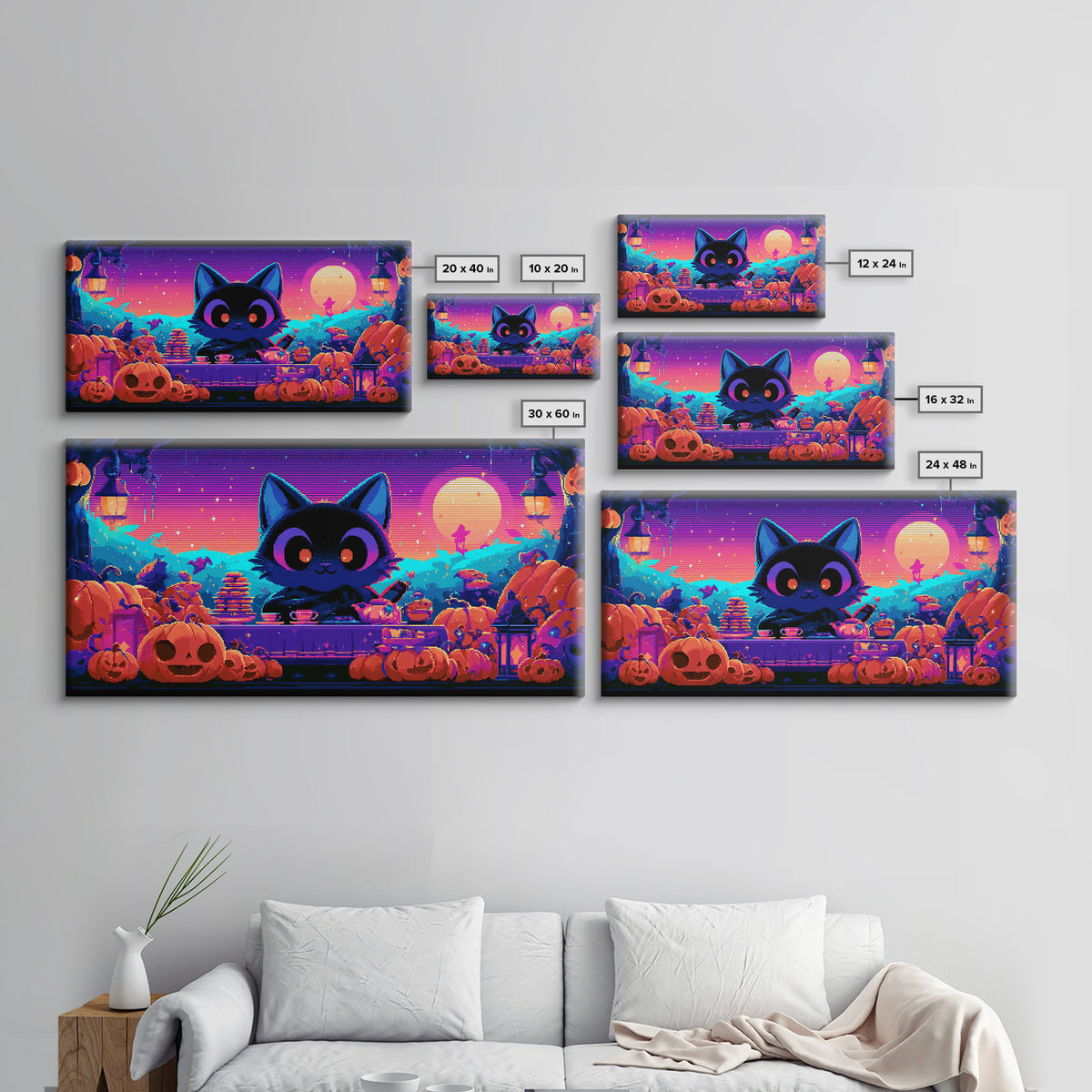 The Pumpkin Tea Party, 80s Halloween Wall Art, Wide Panoramic Art, Canvas Print, Retro Halloween Decor, Neon Wall Art