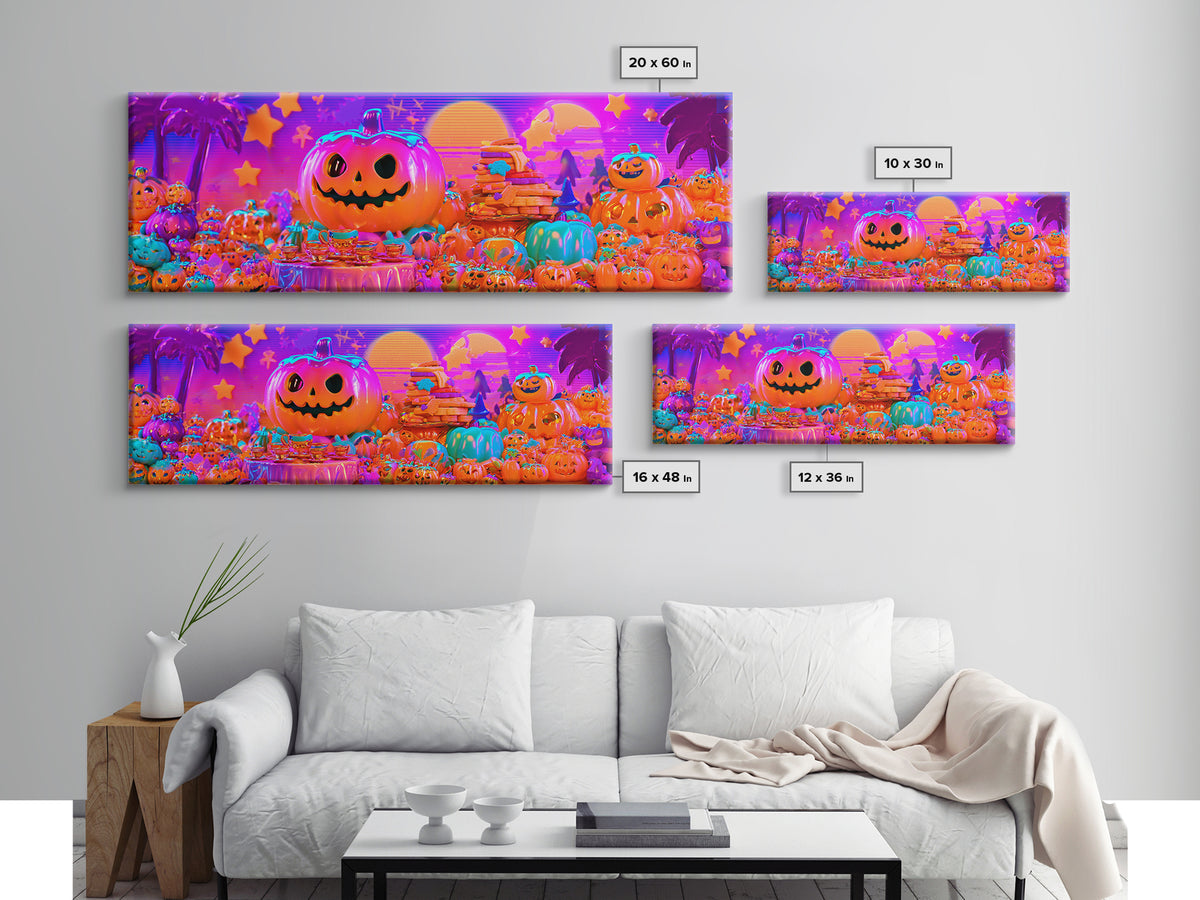 The Pumpkin Tea Party, Cute Spooky Neon Art, Extra Wide Wall Art, Framed Canvas Print, Retro Halloween Decor, Neon Wall Art