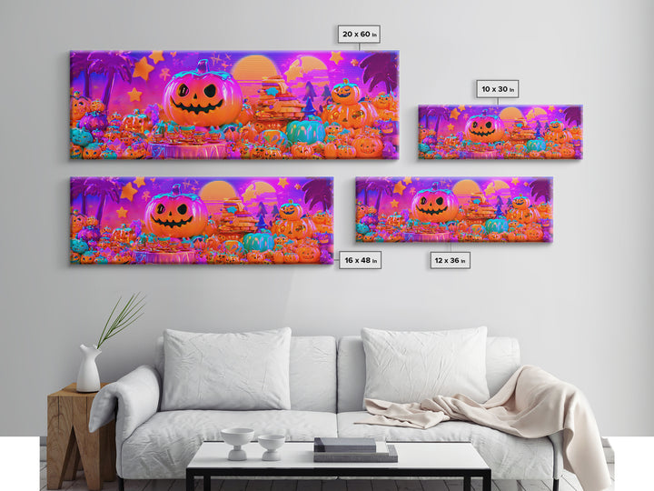 The Pumpkin Tea Party, Cute Spooky Neon Art, Extra Wide Wall Art, Framed Canvas Print, Retro Halloween Decor, Neon Wall Art