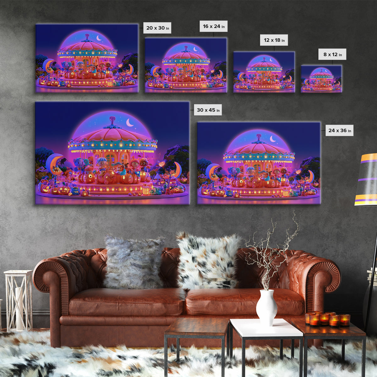 The Pumpkin Carousel, Retro Neon Halloween Art, Landscape Wall Art, Framed Canvas Print, Retro Halloween Decor, Neon Wall Art