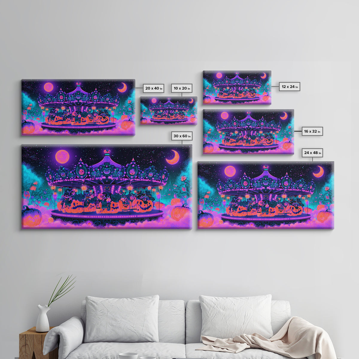 The Pumpkin Carousel, Synthwave Halloween Art, Wide Panoramic Art, Canvas Print, Retro Halloween Decor, Neon Wall Art, Statement Wall Art