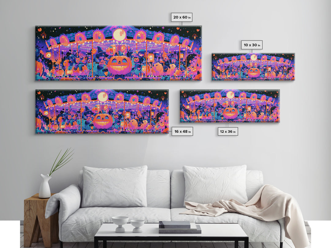 The Pumpkin Carousel, Synthwave Halloween Art, Extra Wide Wall Art, Framed Canvas Print, Retro Halloween Decor, Neon Wall Art