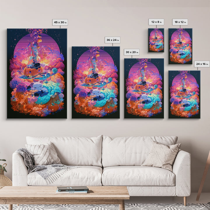 The Pumpkin Sailboat, Vaporwave Halloween Decor, Vertical Wall Art, Framed Canvas Print, Retro Halloween Decor, Neon Wall Art