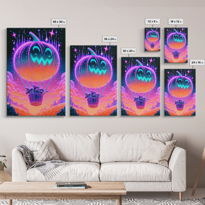 The Pumpkin Hot-Air Balloon, Cute Spooky Neon Art, Vertical Wall Art, Framed Canvas Print, Retro Halloween Decor, Neon Wall Art
