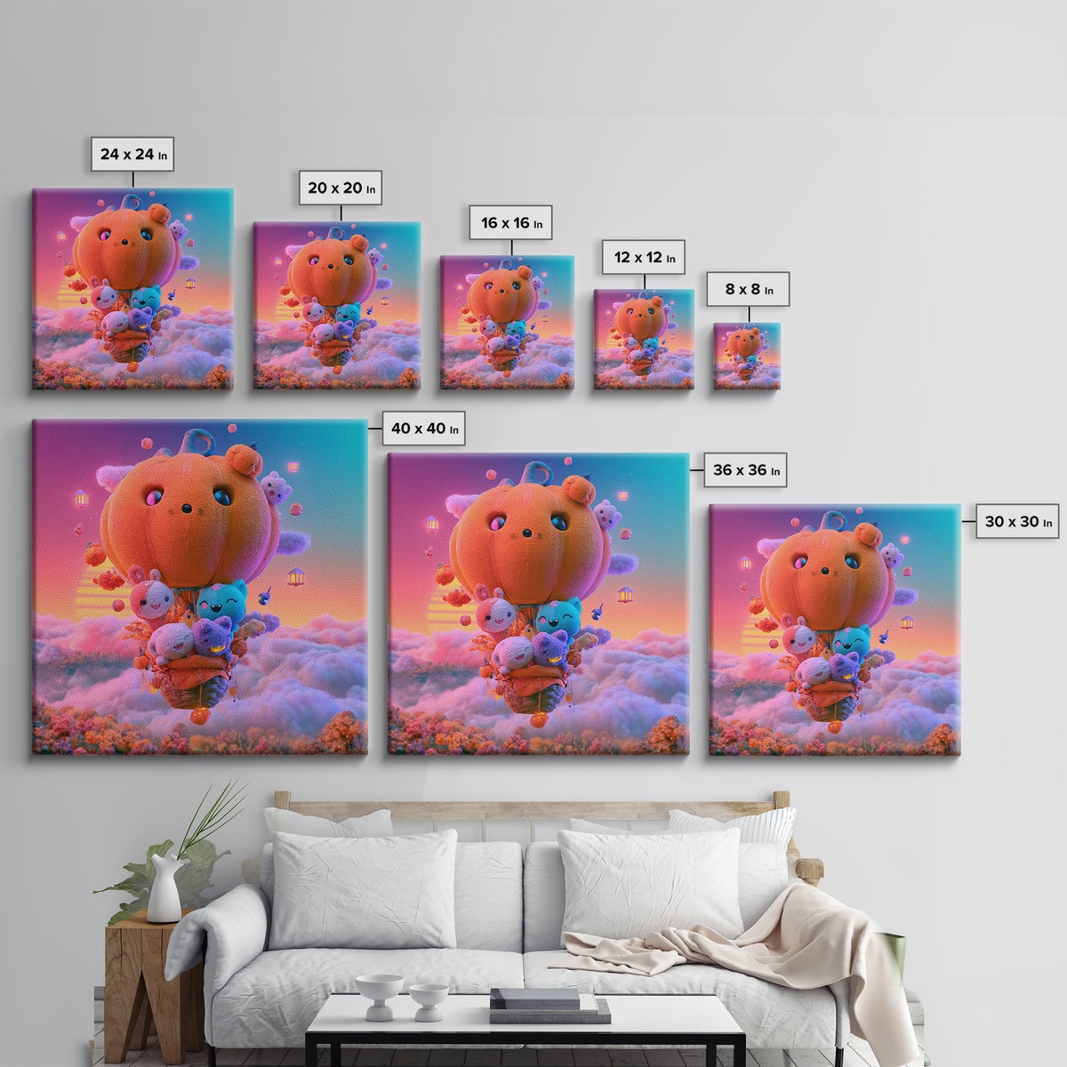 The Pumpkin Hot-Air Balloon, Cute Spooky Neon Art, Square Wall Art, Canvas Print, Retro Halloween Decor, Neon Wall Art, Dark Fantasy Art