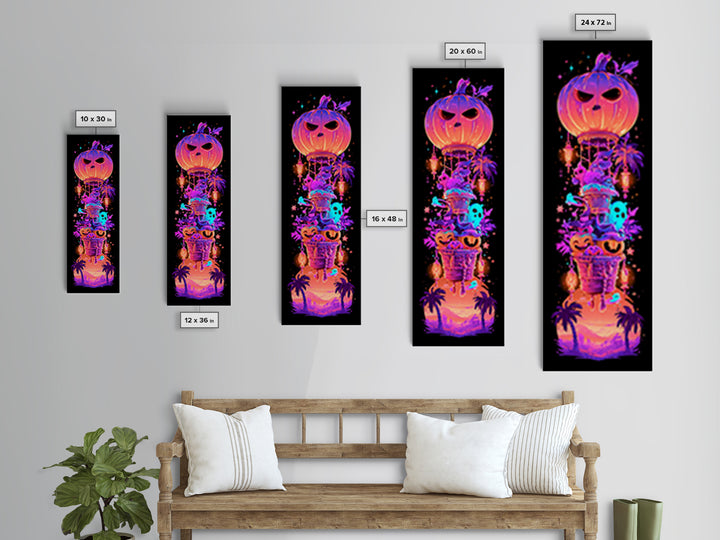 The Pumpkin Hot-Air Balloon, Synthwave Halloween Art, Tall Narrow Wall Art, Framed Canvas Print, Retro Halloween Decor, Neon Wall Art