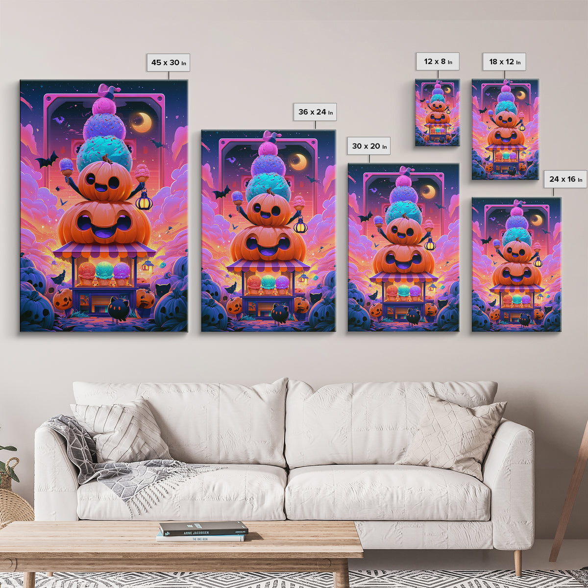 The Pumpkin Ice-Cream Stand, Synthwave Halloween Art, Vertical Wall Art, Canvas Print, Retro Halloween Decor, Neon Wall Art