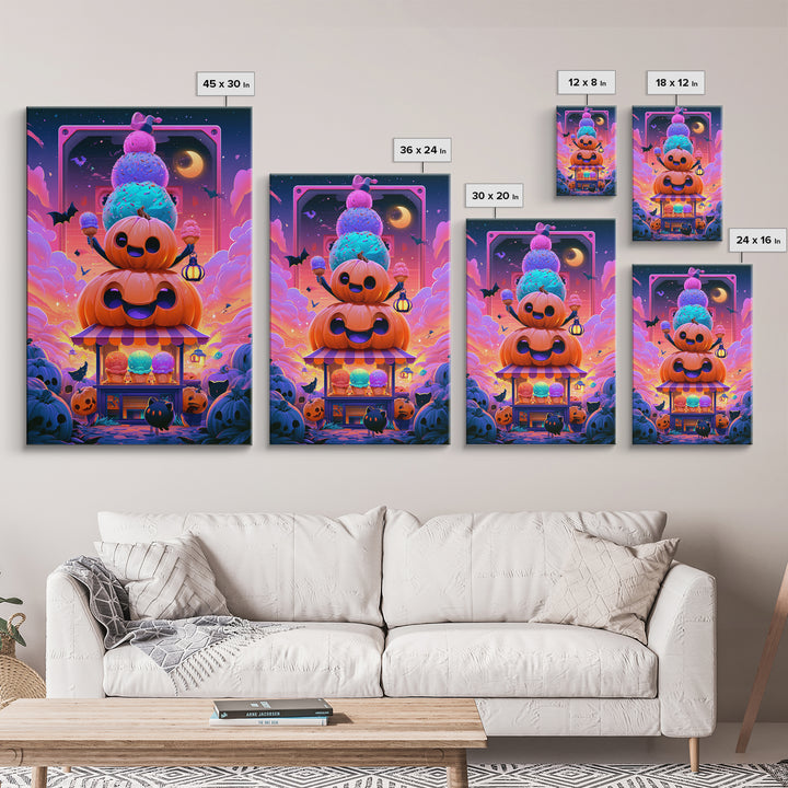 The Pumpkin Ice-Cream Stand, Synthwave Halloween Art, Vertical Wall Art, Canvas Print, Retro Halloween Decor, Neon Wall Art