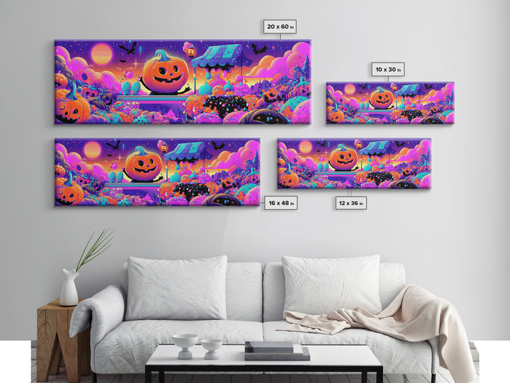 The Pumpkin Ice-Cream Stand, Retro Neon Halloween Art, Extra Wide Wall Art, Canvas Print, Retro Halloween Decor, Neon Wall Art