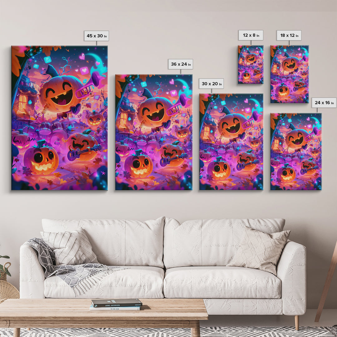 The Pumpkin Music Band, Cute Spooky Neon Art, Vertical Wall Art, Canvas Print, Retro Halloween Decor, Neon Wall Art, Halloween Wall Art