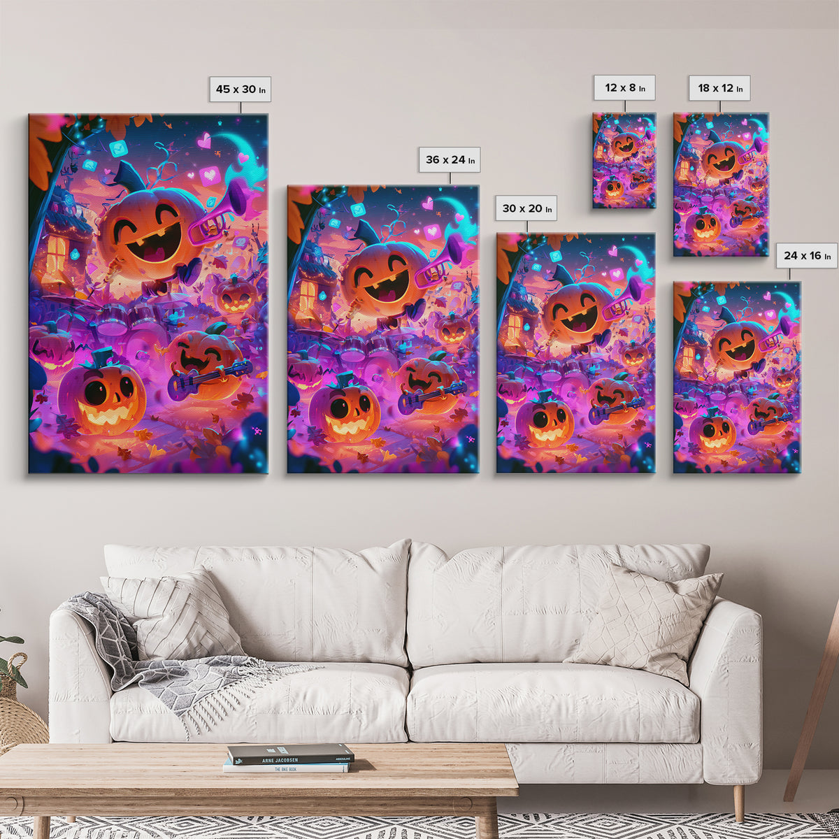 The Pumpkin Music Band, Cute Spooky Neon Art, Vertical Wall Art, Canvas Print, Retro Halloween Decor, Neon Wall Art, Halloween Wall Art