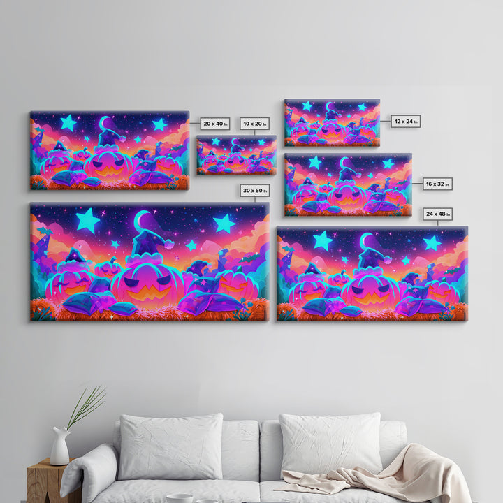 The Pumpkin Pajama Party, Synthwave Halloween Art, Wide Panoramic Art, Framed Canvas Print, Retro Halloween Decor, Neon Wall Art