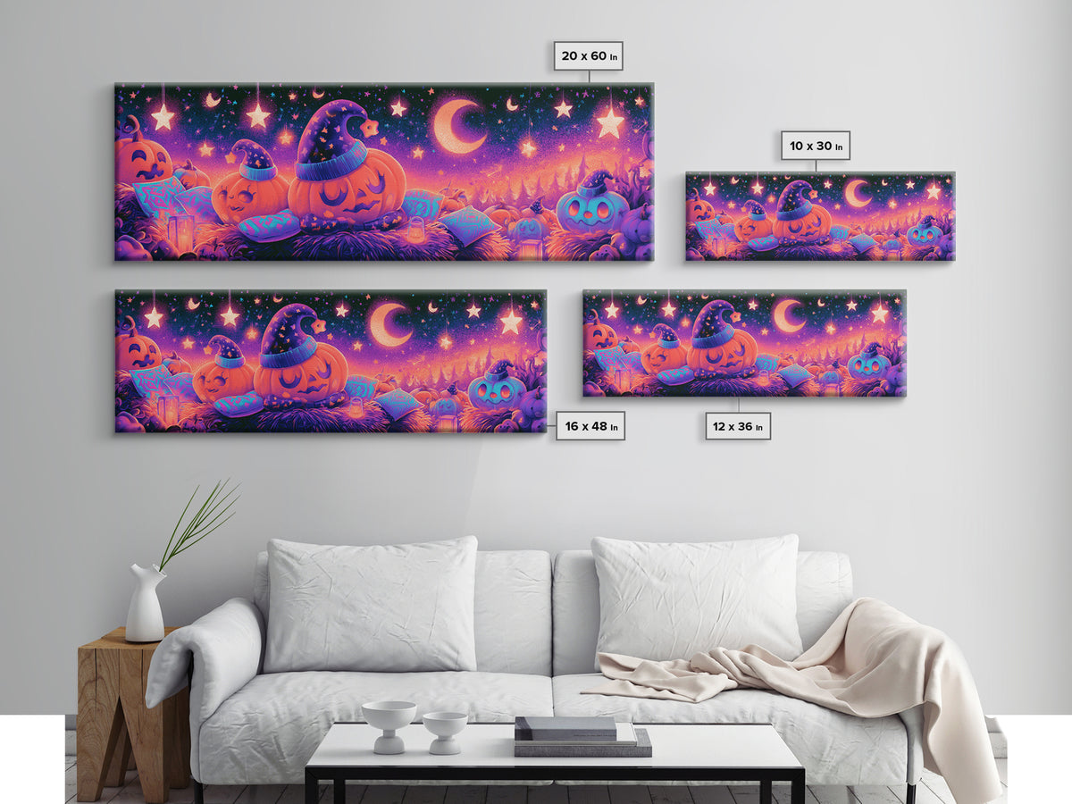 The Pumpkin Pajama Party, Synthwave Halloween Art, Extra Wide Wall Art, Framed Canvas Print, Retro Halloween Decor, Neon Wall Art