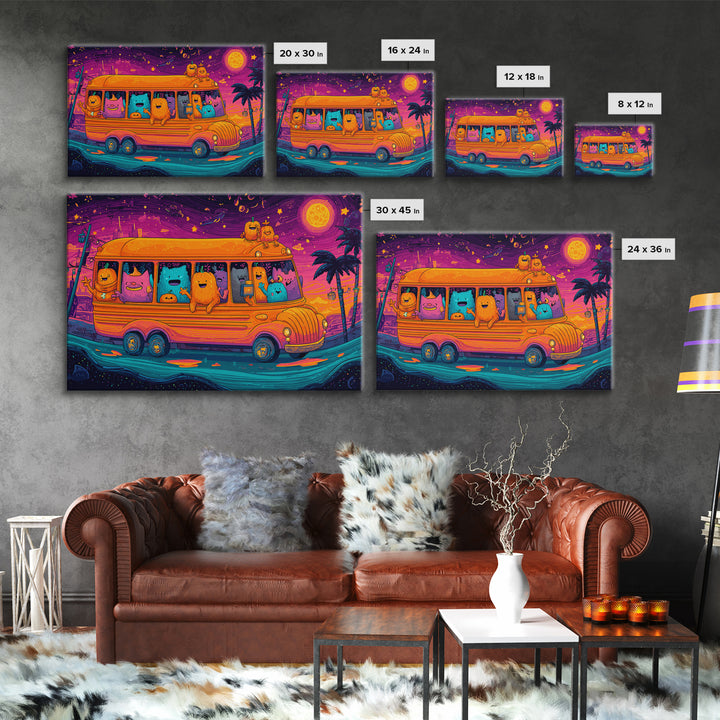 The Pumpkin School Bus, 80s Halloween Wall Art, Landscape Wall Art, Framed Canvas Print, Retro Halloween Decor, Neon Wall Art