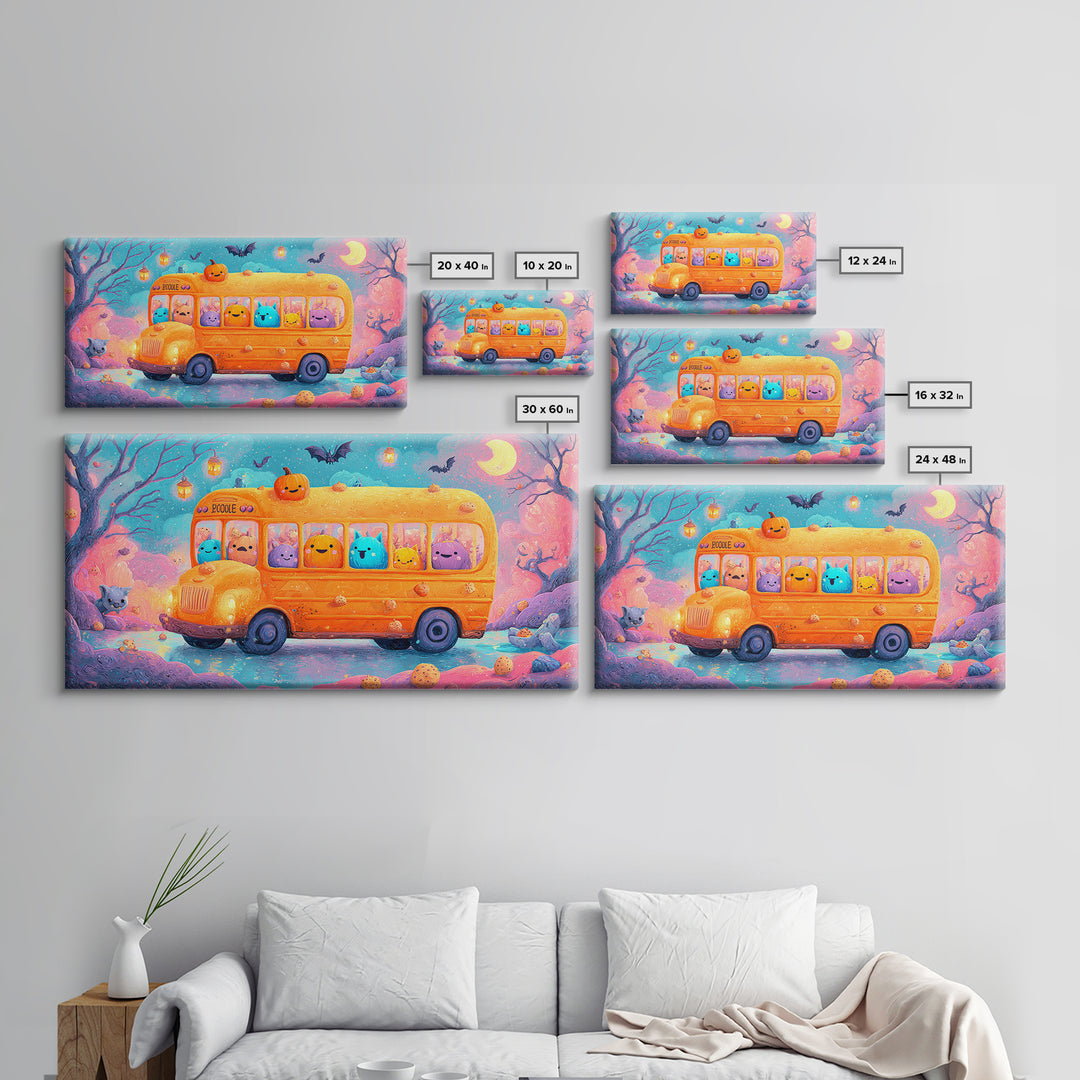 The Pumpkin School Bus, 80s Halloween Wall Art, Wide Panoramic Art, Canvas Print, Retro Halloween Decor, Neon Wall Art, Statement Wall Art