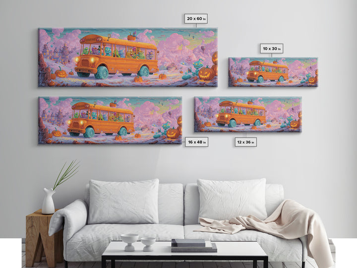 The Pumpkin School Bus, 80s Halloween Wall Art, Extra Wide Wall Art, Framed Canvas Print, Retro Halloween Decor, Neon Wall Art