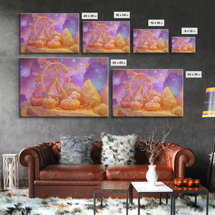 The Pumpkin Ferris Wheel, 80s Halloween Wall Art, Landscape Wall Art, Canvas Print, Retro Halloween Decor, Neon Wall Art, Dark Fantasy Art