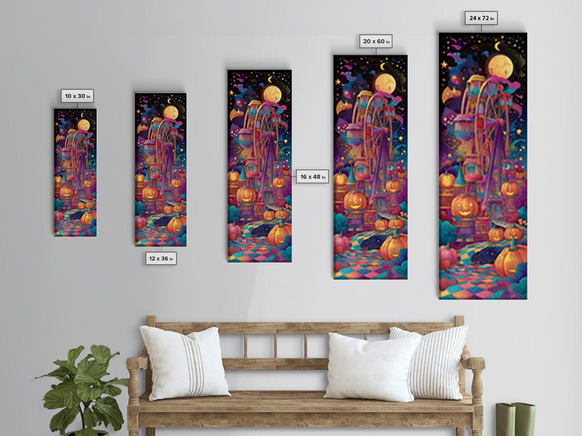 The Pumpkin Ferris Wheel, Retro Neon Halloween Art, Tall Narrow Wall Art, Framed Canvas Print, Retro Halloween Decor, Neon Wall Art
