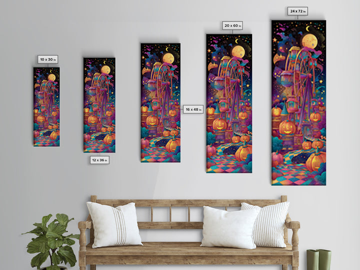 The Pumpkin Ferris Wheel, Retro Neon Halloween Art, Tall Narrow Wall Art, Framed Canvas Print, Retro Halloween Decor, Neon Wall Art
