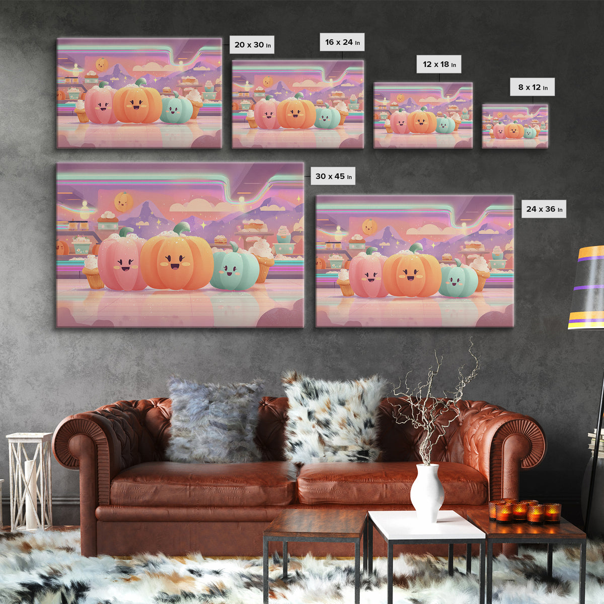 The Pumpkin Bakery, Vaporwave Halloween Decor, Landscape Wall Art, Framed Canvas Print, Retro Halloween Decor, Neon Wall Art