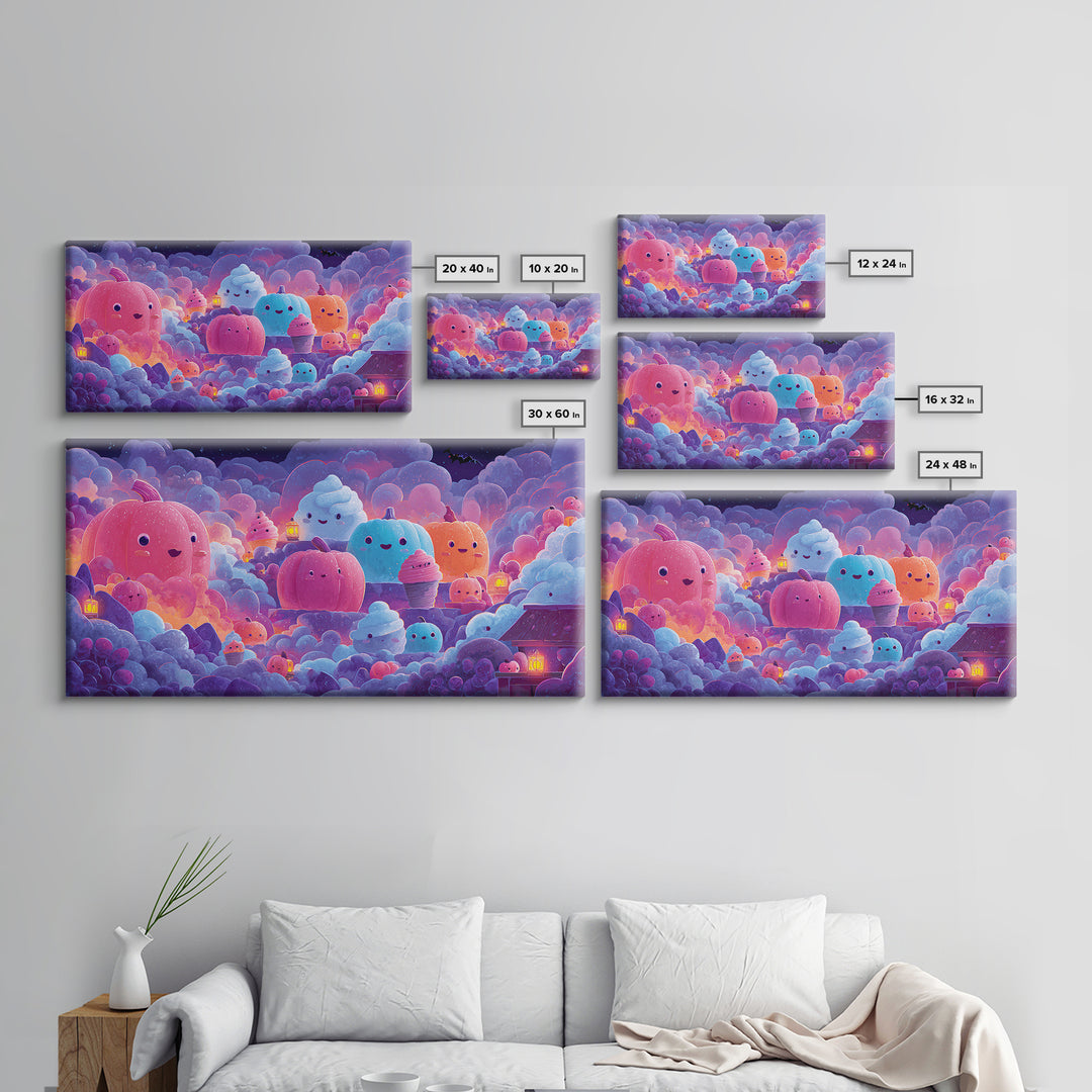 The Pumpkin Bakery, 80s Halloween Wall Art, Wide Panoramic Art, Canvas Print, Retro Halloween Decor, Neon Wall Art, Collectible Wall Decor
