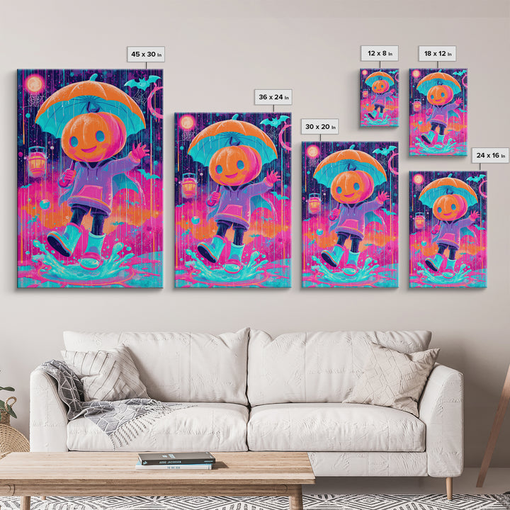The Pumpkin Umbrella, Cute Spooky Neon Art, Vertical Wall Art, Canvas Print, Retro Halloween Decor, Neon Wall Art, Spooky Wall Decor