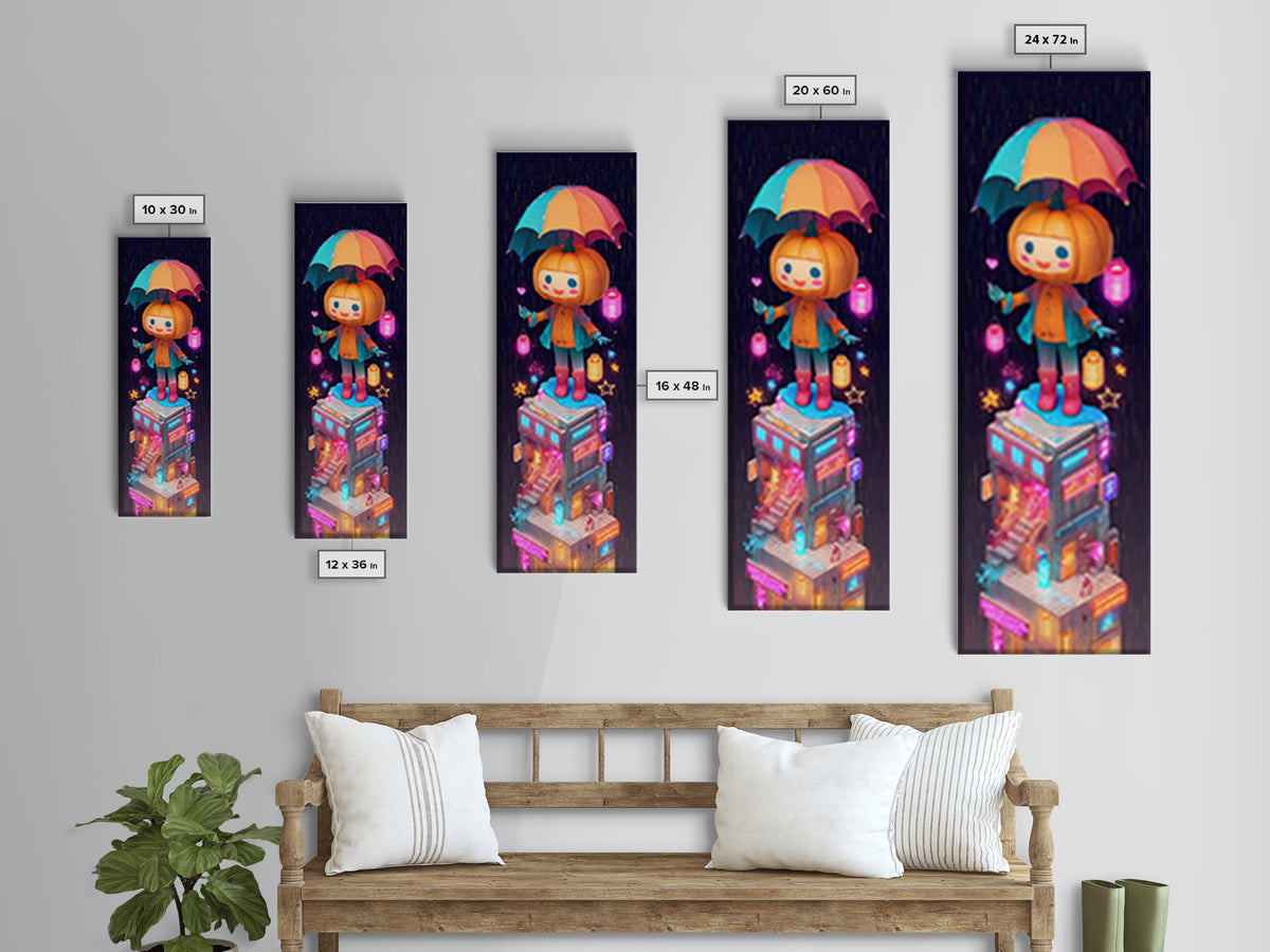 The Pumpkin Umbrella, Vaporwave Halloween Decor, Tall Narrow Wall Art, Framed Canvas Print, Retro Halloween Decor, Neon Wall Art