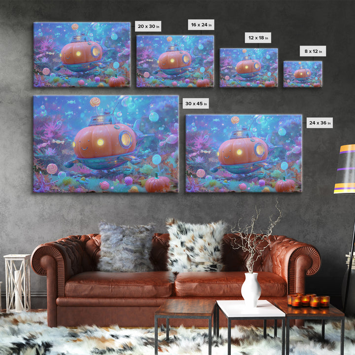 The Pumpkin Submarine, Synthwave Halloween Art, Landscape Wall Art, Canvas Print, Retro Halloween Decor, Neon Wall Art