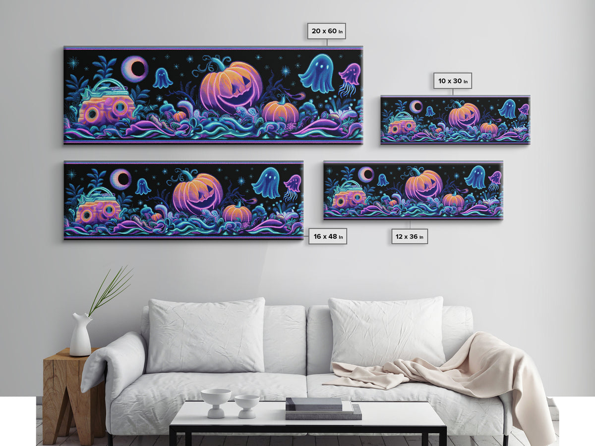 The Pumpkin Submarine, Cute Spooky Neon Art, Extra Wide Wall Art, Canvas Print, Retro Halloween Decor, Neon Wall Art, Collectible Wall Decor