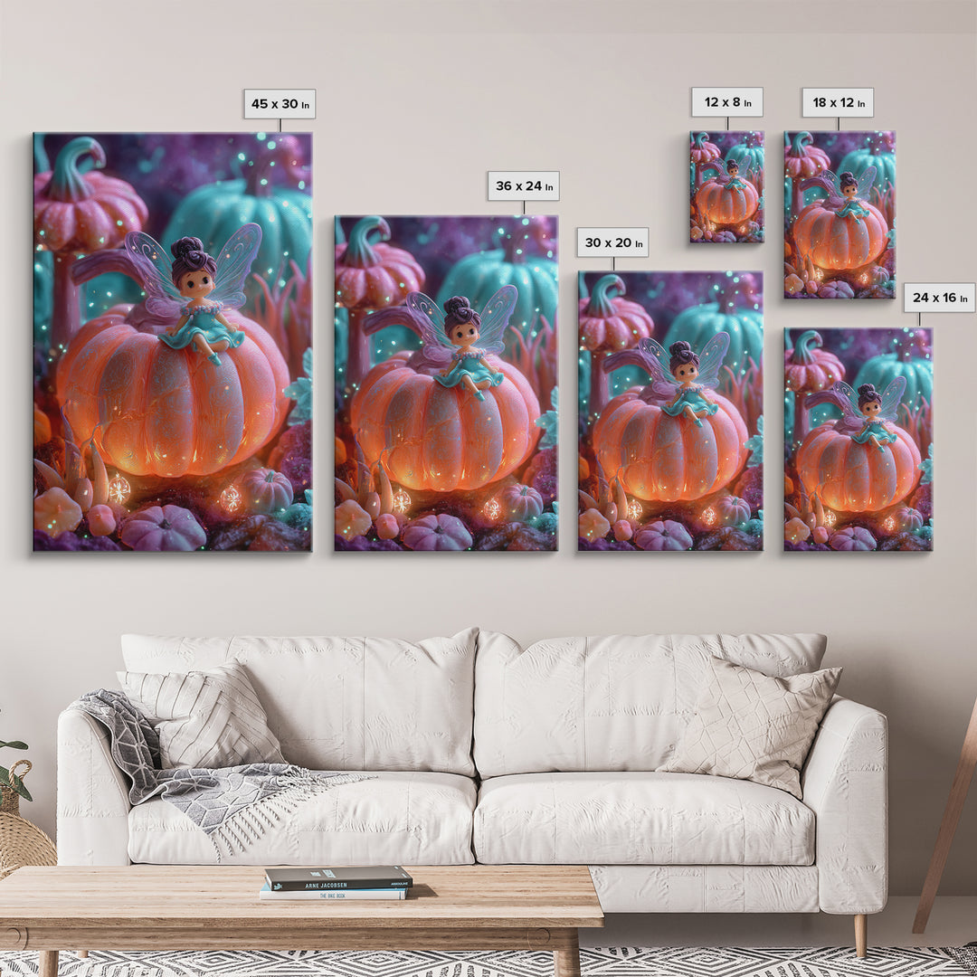 The Pumpkin Fairy Garden, 80s Halloween Wall Art, Vertical Wall Art, Canvas Print, Retro Halloween Decor, Neon Wall Art