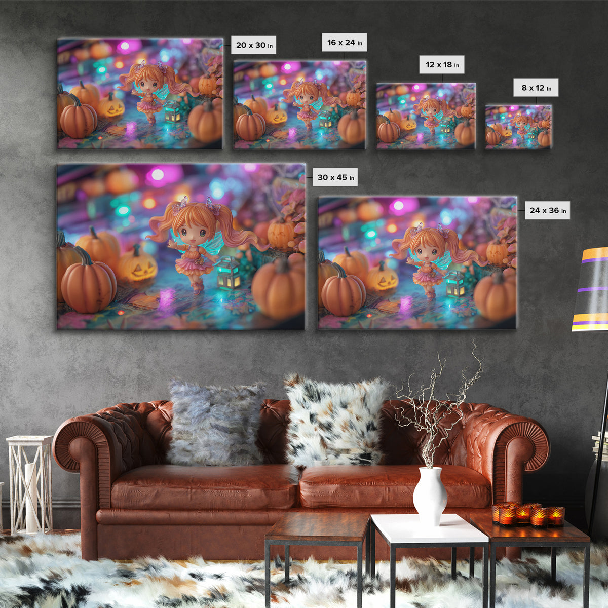 The Pumpkin Fairy Garden, Retro Neon Halloween Art, Landscape Wall Art, Canvas Print, Retro Halloween Decor, Neon Wall Art