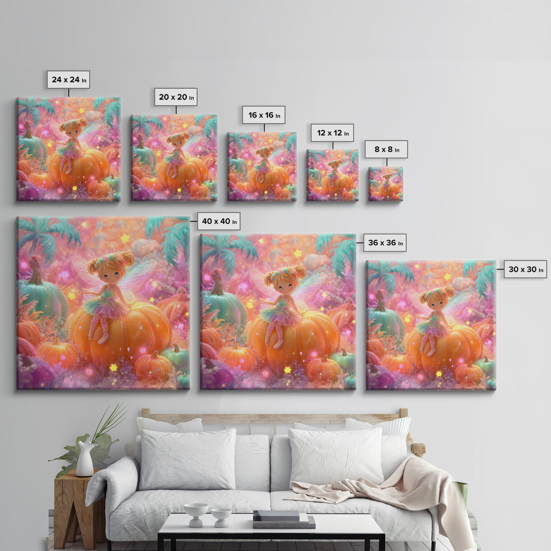The Pumpkin Fairy Garden, Cute Spooky Neon Art, Square Wall Art, Framed Canvas Print, Retro Halloween Decor, Neon Wall Art