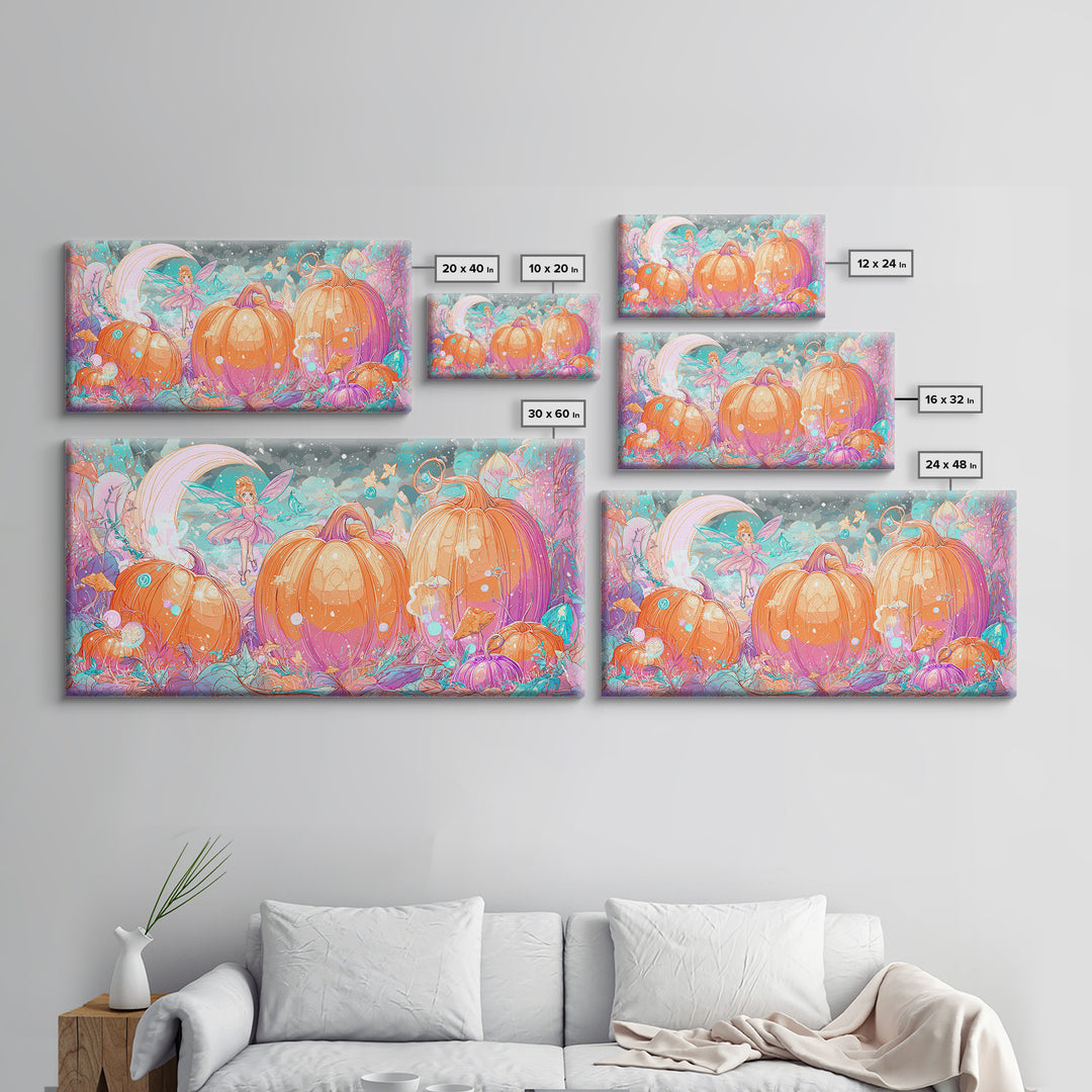 The Pumpkin Fairy Garden, Vaporwave Halloween Decor, Wide Panoramic Art, Canvas Print, Retro Halloween Decor, Neon Wall Art