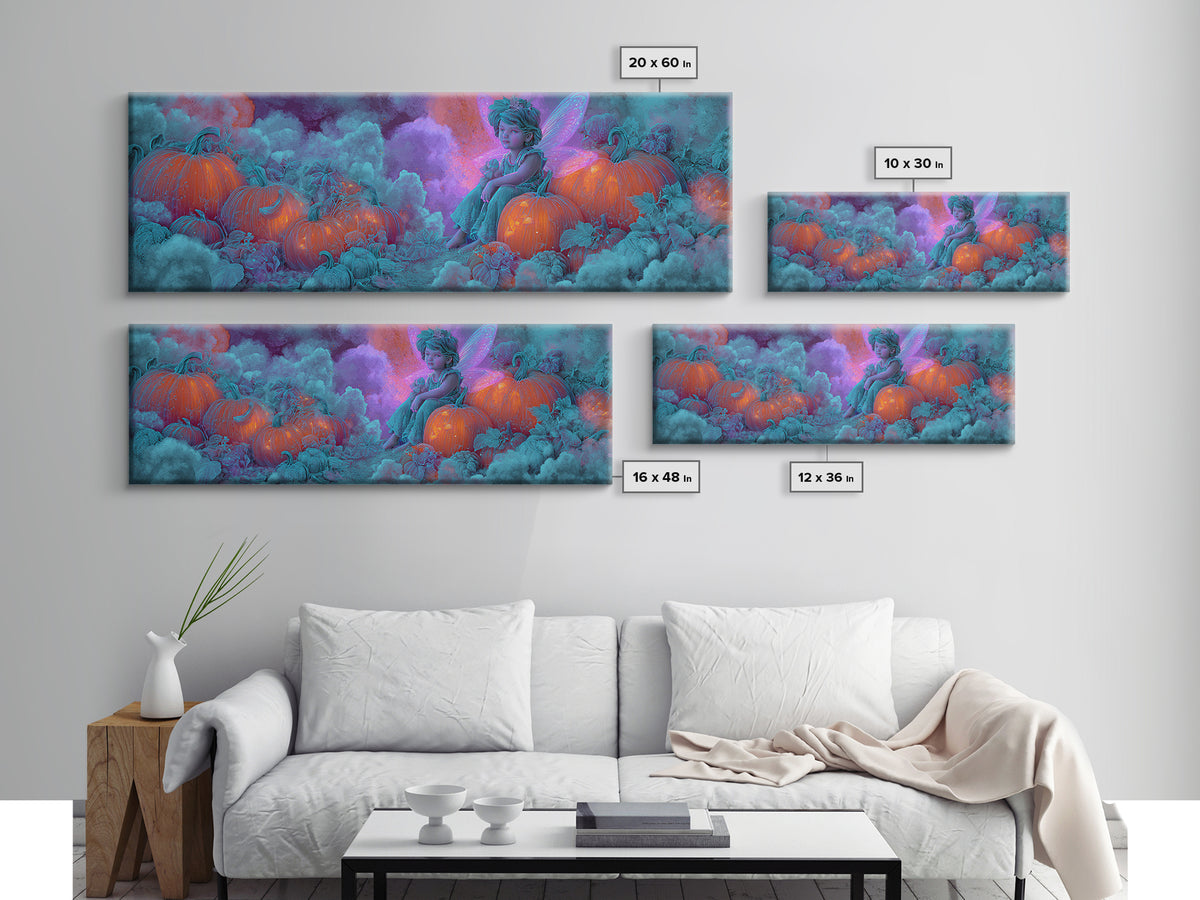 The Pumpkin Fairy Garden, Synthwave Halloween Art, Extra Wide Wall Art, Canvas Print, Retro Halloween Decor, Neon Wall Art, Horror Wall Art