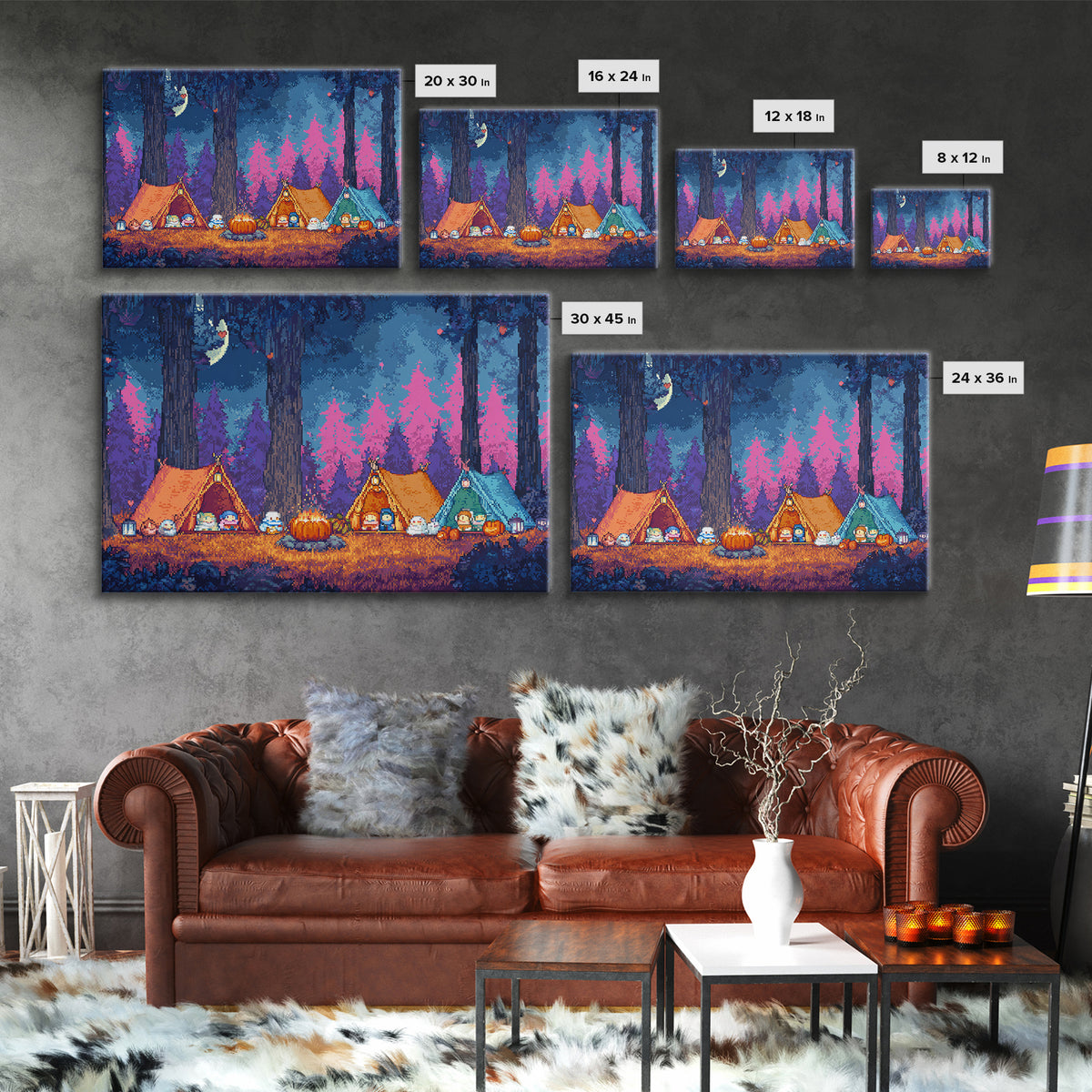 The Pumpkin Campout, Synthwave Halloween Art, Landscape Wall Art, Framed Canvas Print, Retro Halloween Decor, Neon Wall Art