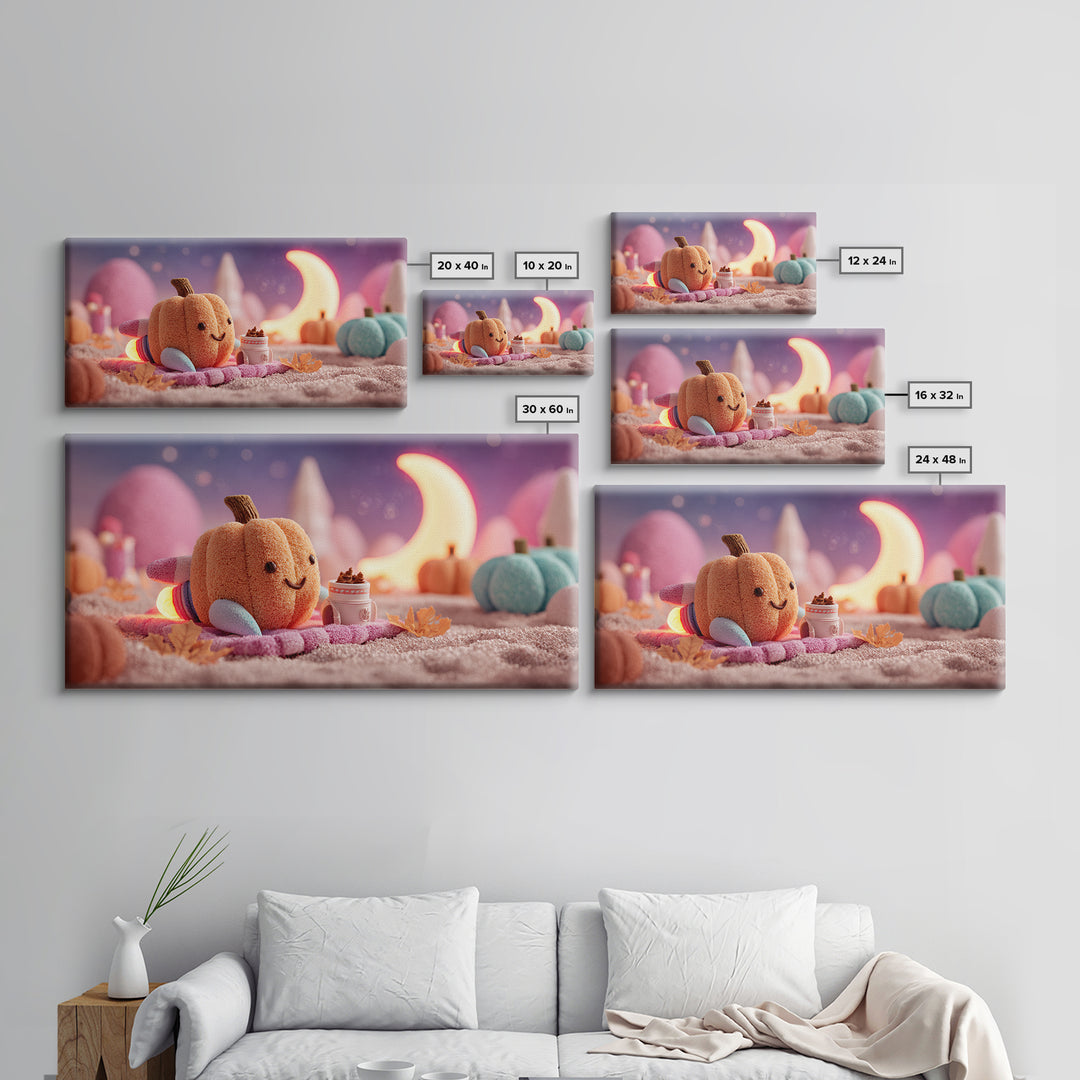 The Pumpkin Rocket Ship, Synthwave Halloween Art, Wide Panoramic Art, Framed Canvas Print, Retro Halloween Decor, Neon Wall Art