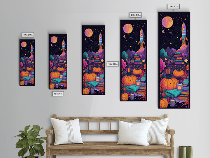 The Pumpkin Rocket Ship, 80s Halloween Wall Art, Tall Narrow Wall Art, Framed Canvas Print, Retro Halloween Decor, Neon Wall Art