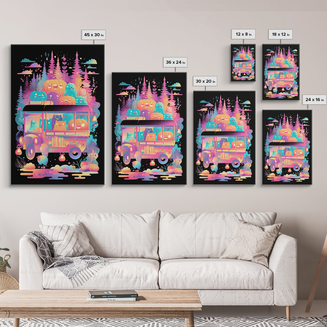 The Pumpkin Bookmobile, Synthwave Halloween Art, Vertical Wall Art, Framed Canvas Print, Retro Halloween Decor, Neon Wall Art