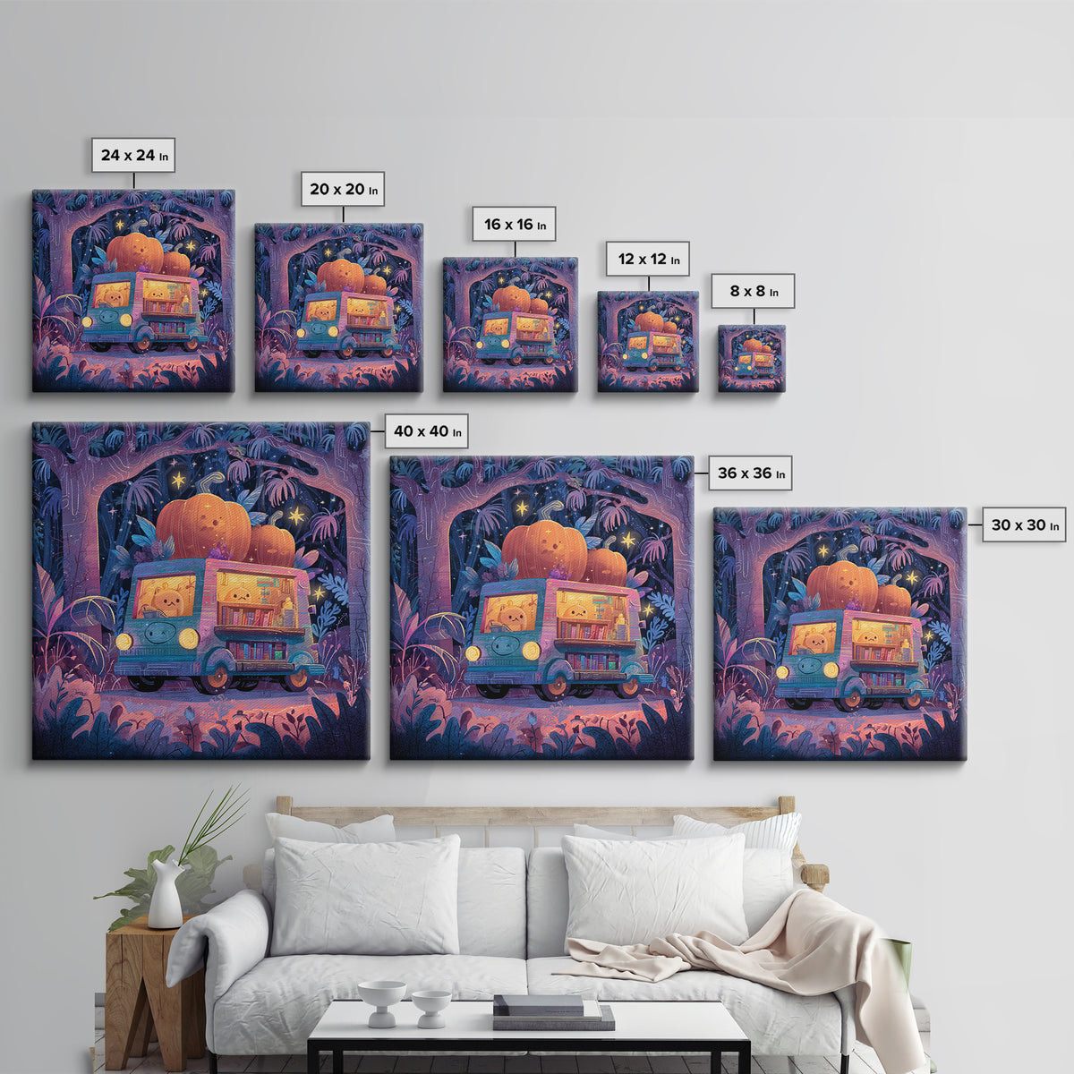 The Pumpkin Bookmobile, Synthwave Halloween Art, Square Wall Art, Framed Canvas Print, Retro Halloween Decor, Neon Wall Art