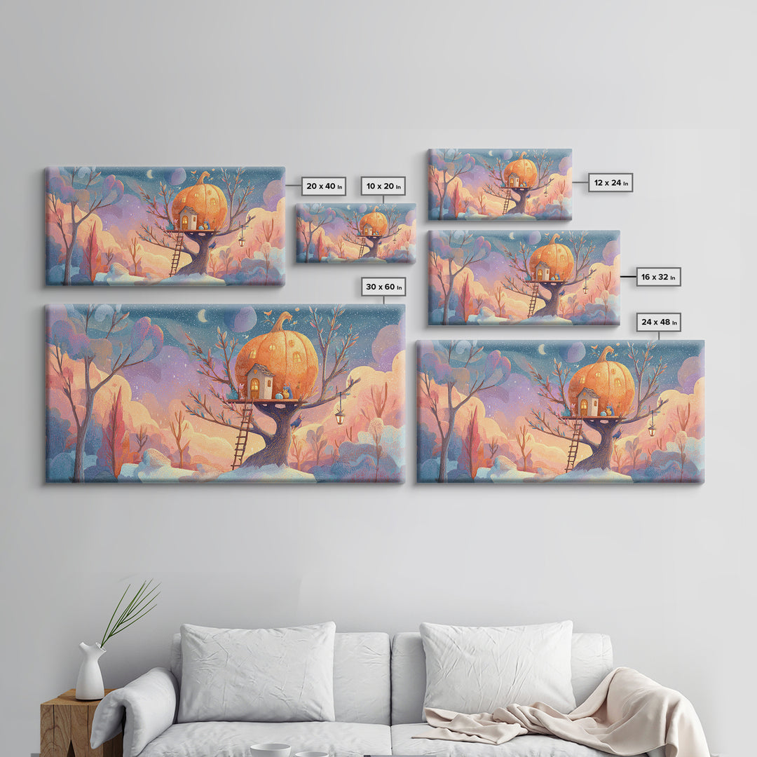 The Pumpkin Treehouse, Cute Spooky Neon Art, Wide Panoramic Art, Framed Canvas Print, Retro Halloween Decor, Neon Wall Art