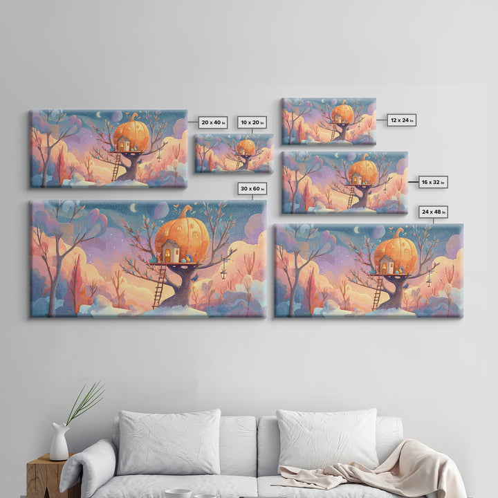 The Pumpkin Treehouse, Cute Spooky Neon Art, Wide Panoramic Art, Framed Canvas Print, Retro Halloween Decor, Neon Wall Art