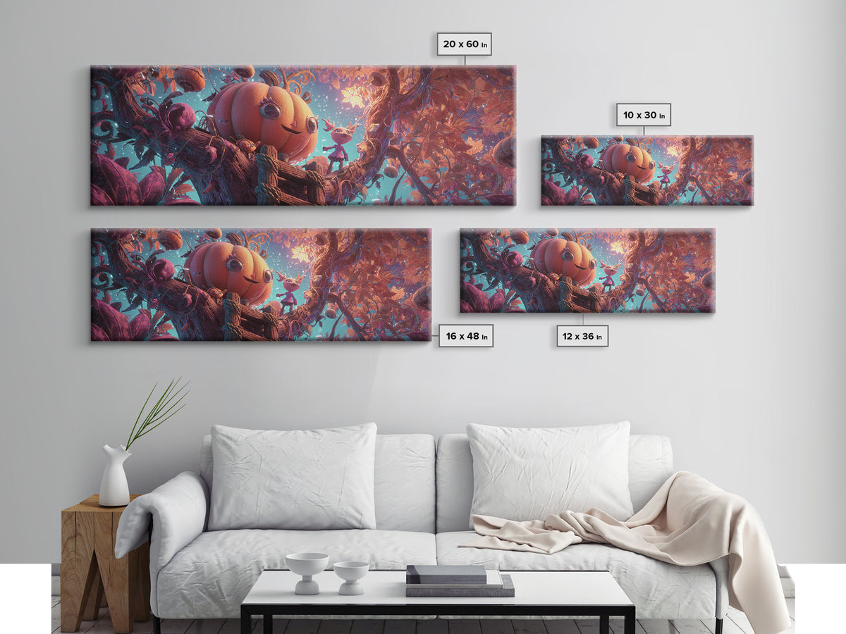 The Pumpkin Treehouse, Vaporwave Halloween Decor, Extra Wide Wall Art, Canvas Print, Retro Halloween Decor, Neon Wall Art