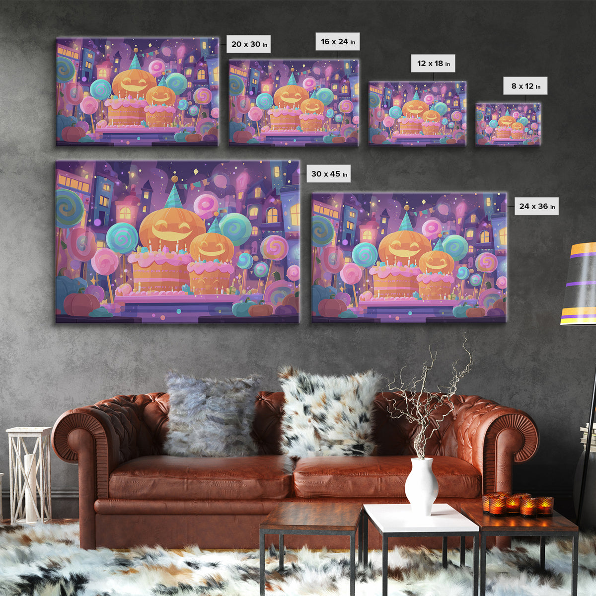 The Great Pumpkin Birthday Party, Cute Spooky Neon Art, Landscape Wall Art, Canvas Print, Retro Halloween Decor, Neon Wall Art